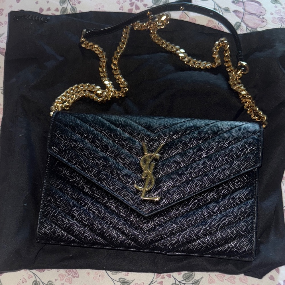 Saint Laurent Black Quilted Leather Envelope Crossbody with Gold Hardware